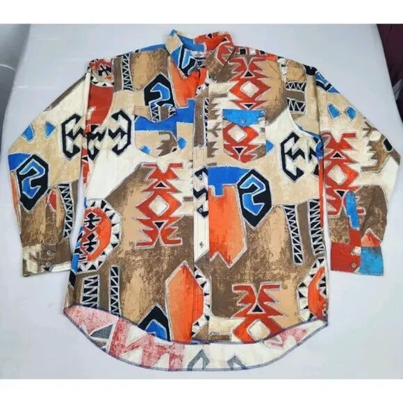 Wrangler Western Shirt Mens 17-35 Aztec Abstract‎ Print Vintage Brushpopper 90s